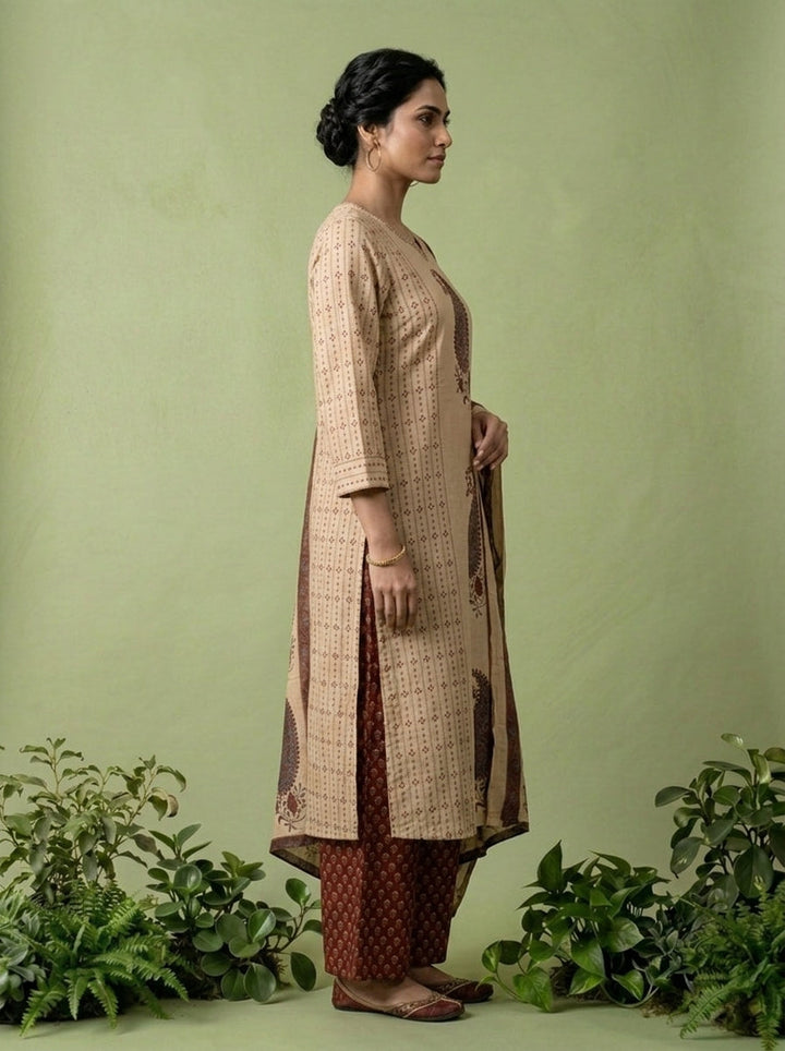 Maroon Cotton Paisley Printed Three Piece Set