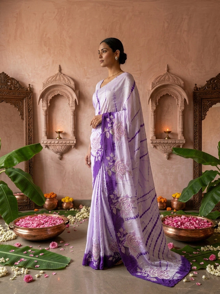 Purple Floral Thread Embroidered Crepe Saree