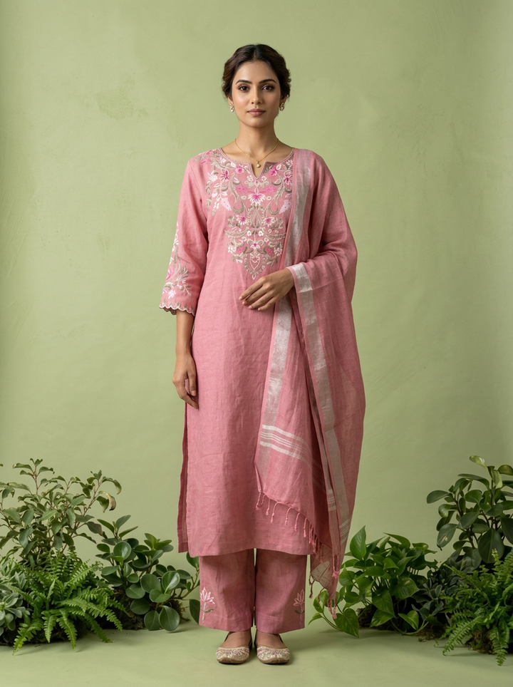 Onion Pink Linen Floral Thread Embroidery Three Piece Set