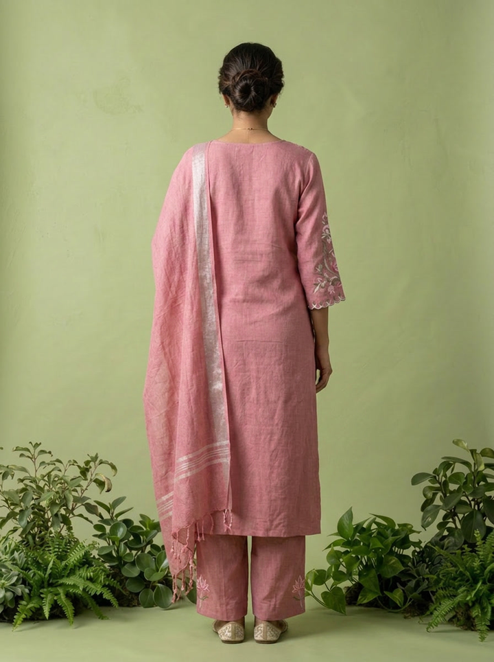 Onion Pink Linen Floral Thread Embroidery Three Piece Set