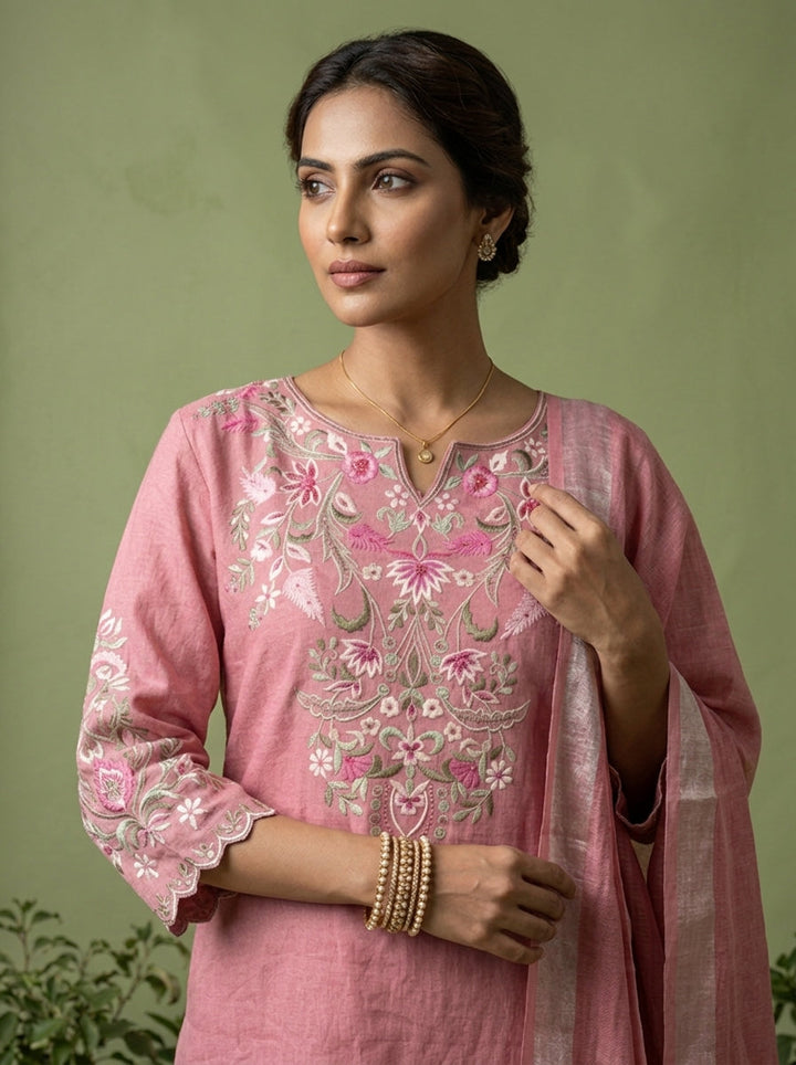 Onion Pink Linen Floral Thread Embroidery Three Piece Set