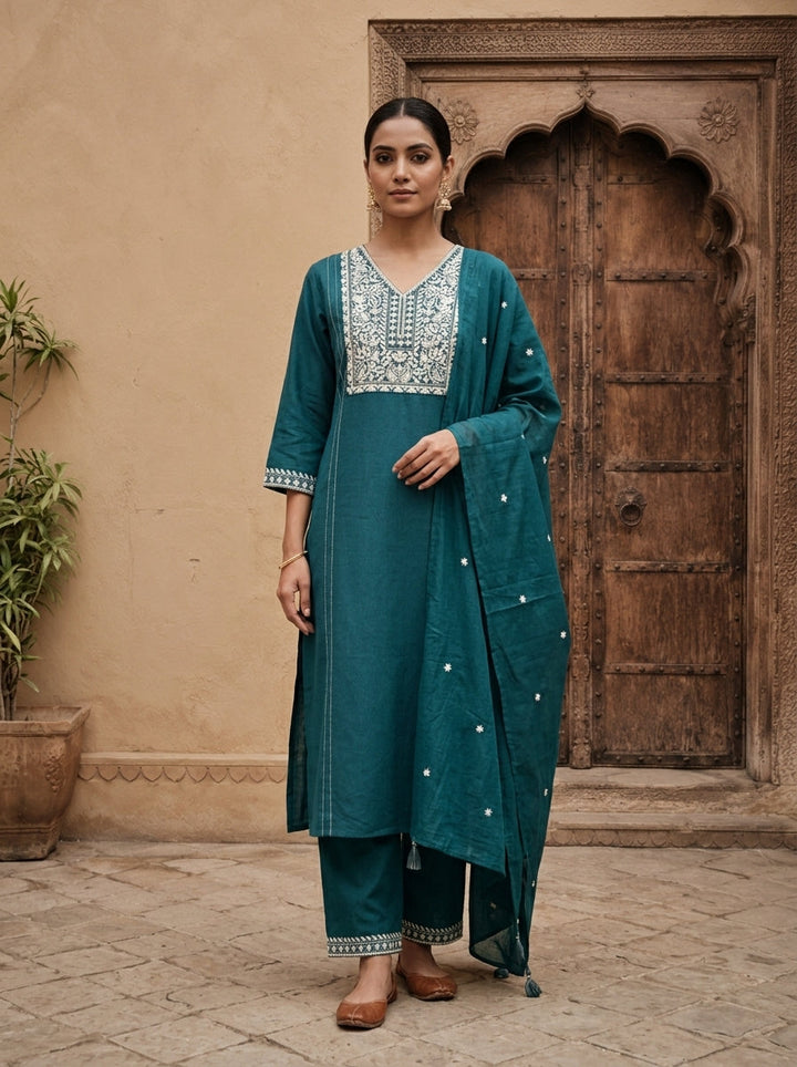 Rama Cotton Paisley And Floral Thread Embroidered Three Piece Set