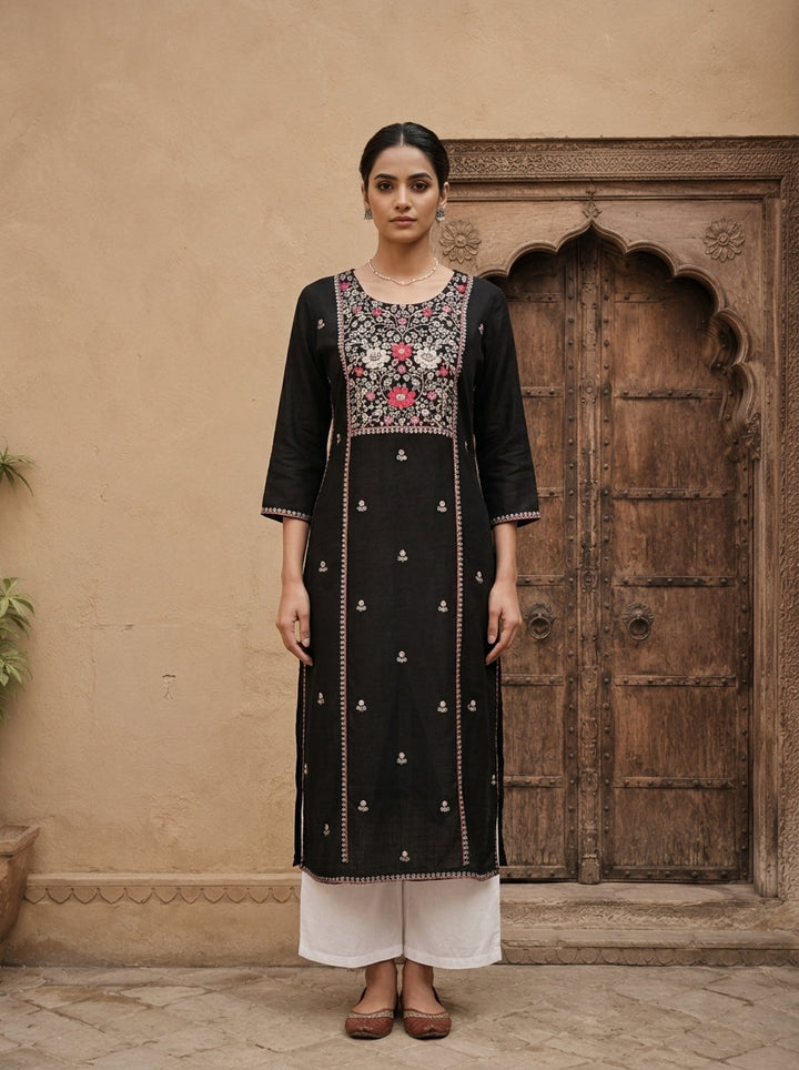 Black Rayon Heavy Floral Thread Embroidery Kurta