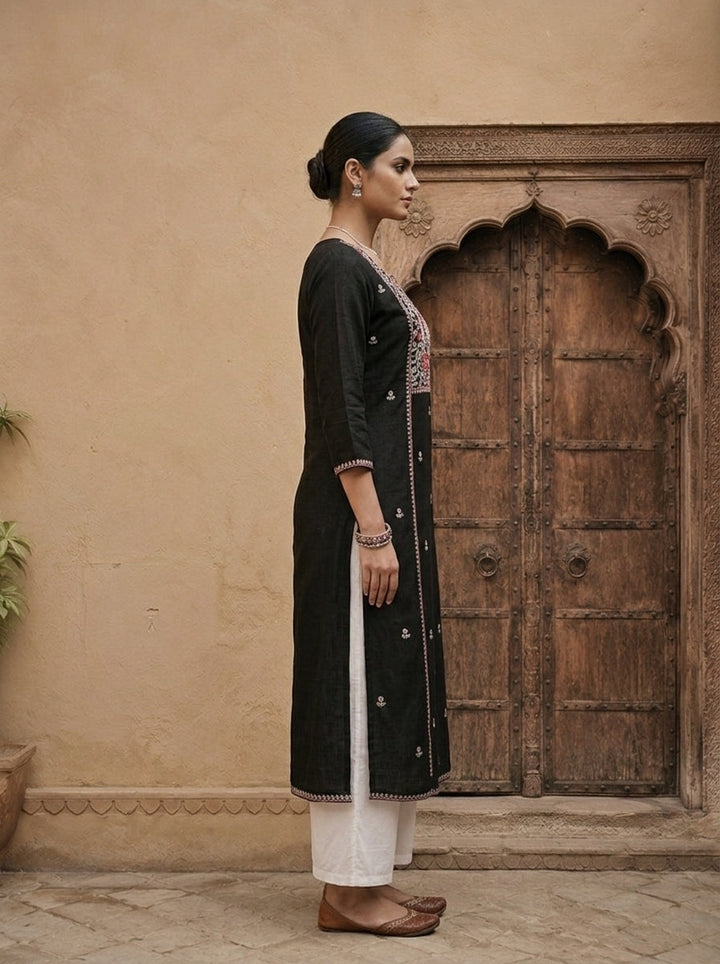 Black Rayon Heavy Floral Thread Embroidery Kurta
