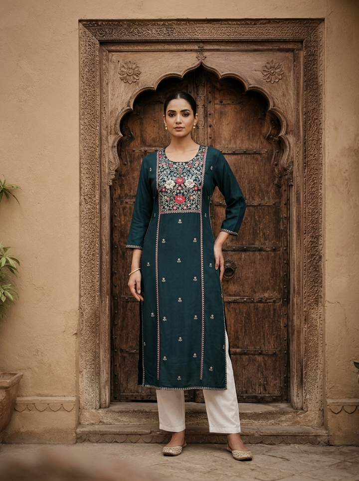 Teal Blue Rayon Heavy Floral Thread Embroidery Kurta