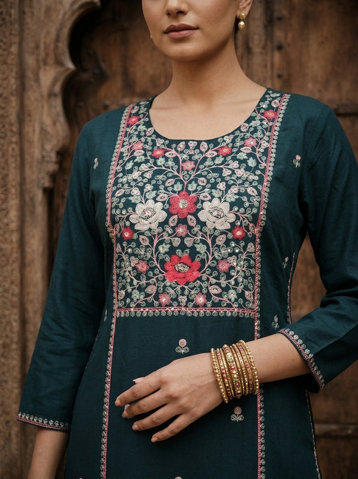 Teal Blue Rayon Heavy Floral Thread Embroidery Kurta