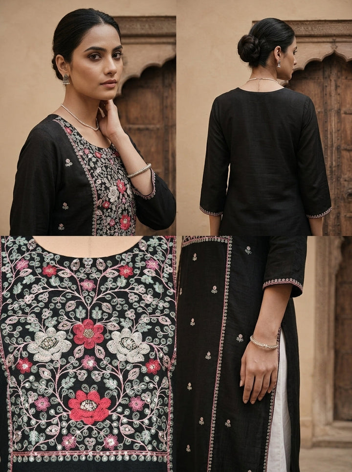 Black Rayon Heavy Floral Thread Embroidery Kurta