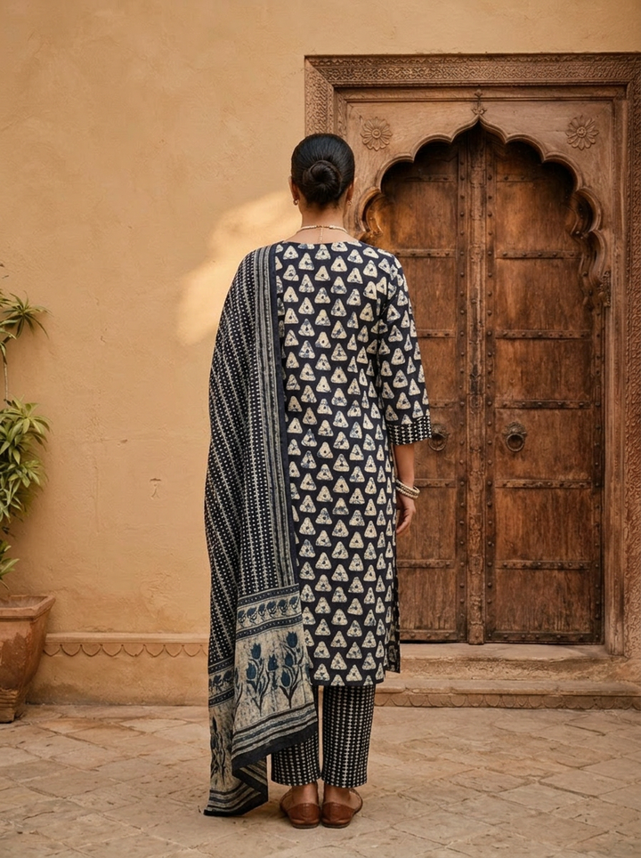 Navy Blue Cotton Printed Abstract Motifs Three Piece Set