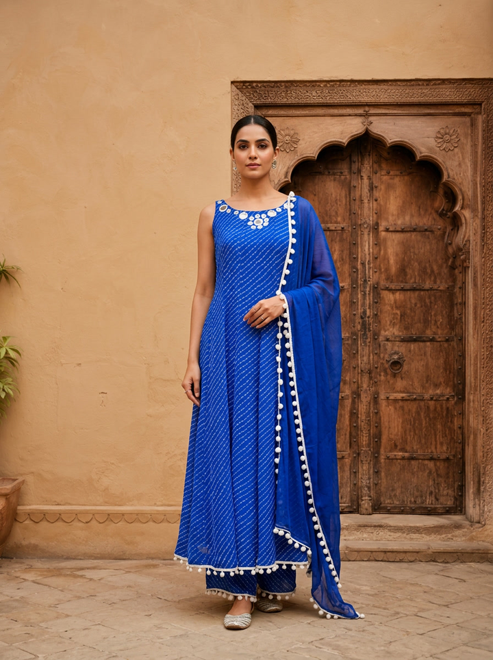 Royal Blue Georgette Leheriya Printed Three Piece Set