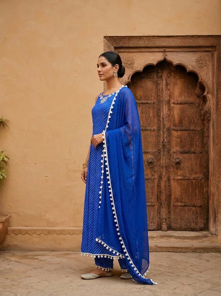 Royal Blue Georgette Leheriya Printed Three Piece Set