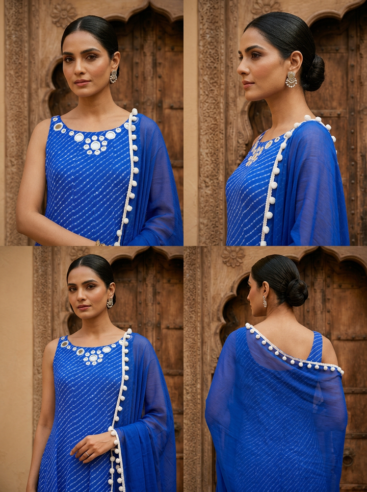 Royal Blue Georgette Leheriya Printed Three Piece Set
