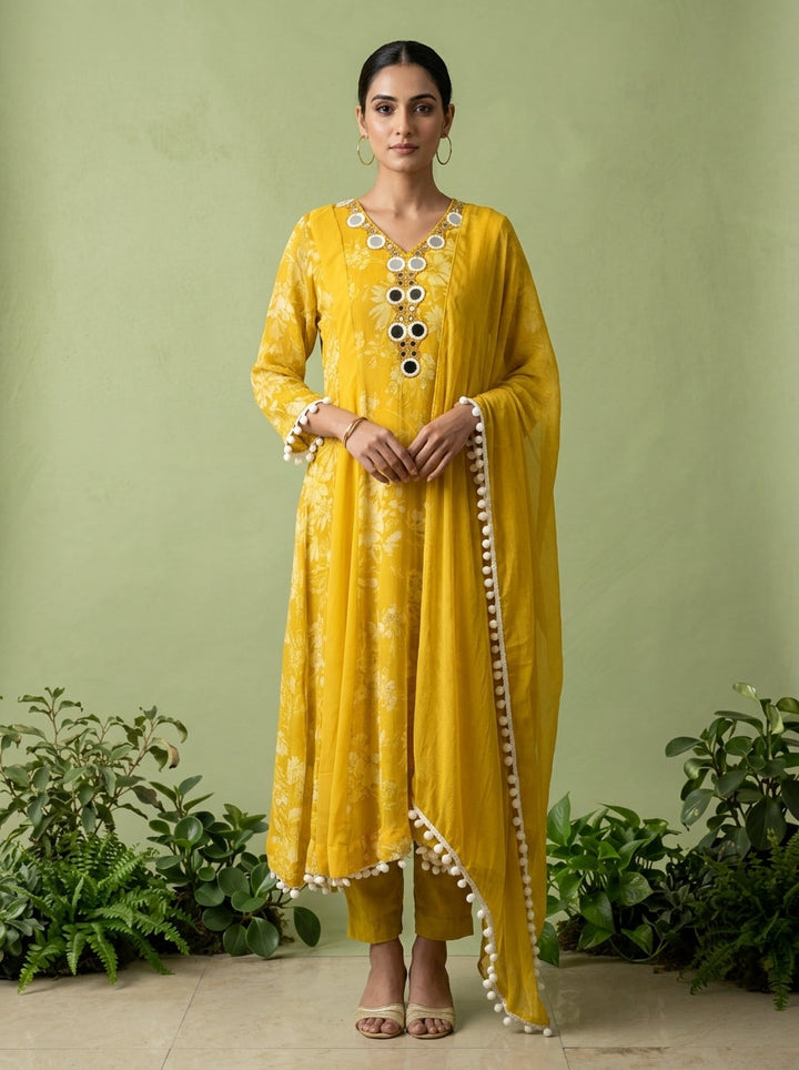 Yellow Georgette Floral Printed And Mirror Embroidered Three Piece Set