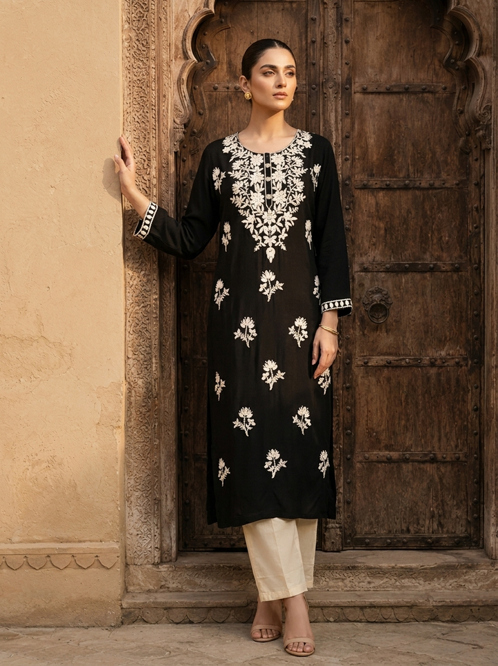 Black Rayon Heavy Floral Thread Embroidery Kurta