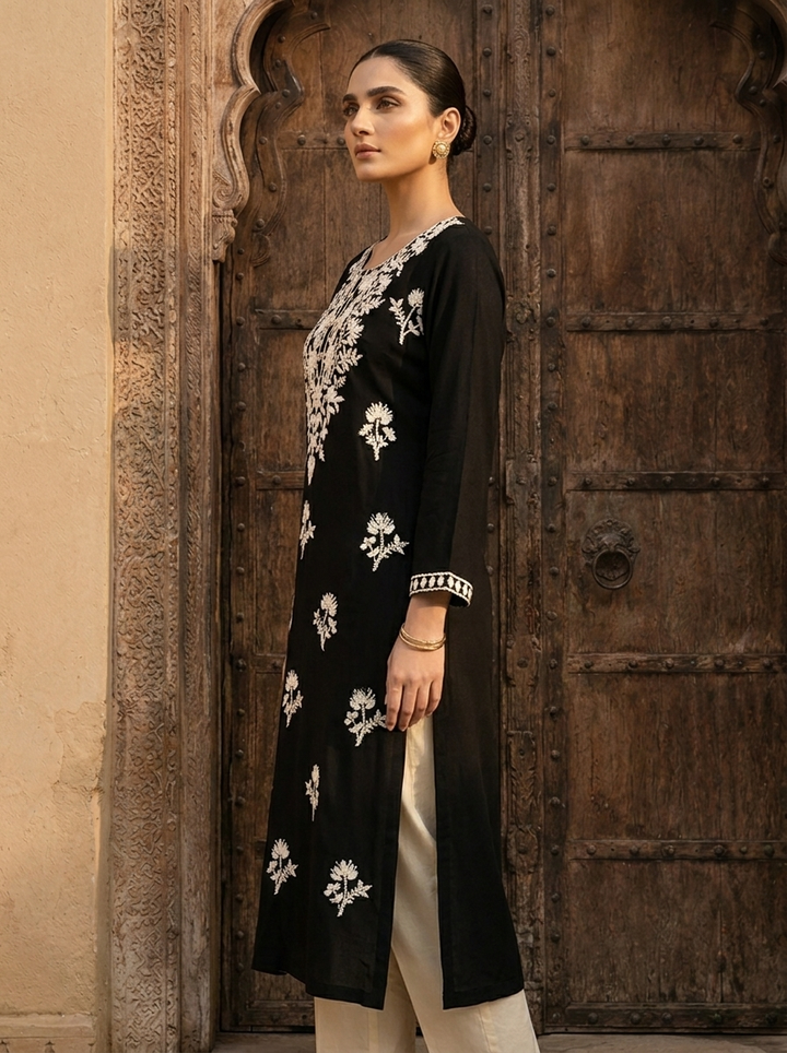 Black Rayon Heavy Floral Thread Embroidery Kurta