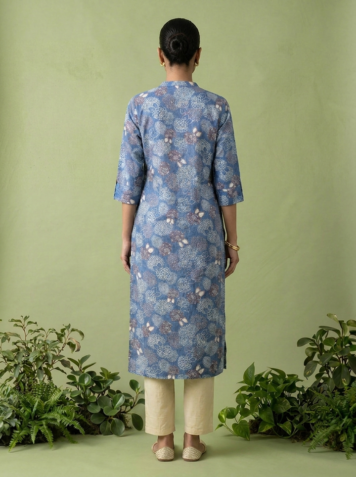 Blue Cotton Patch Embroidered And Printed Kurta