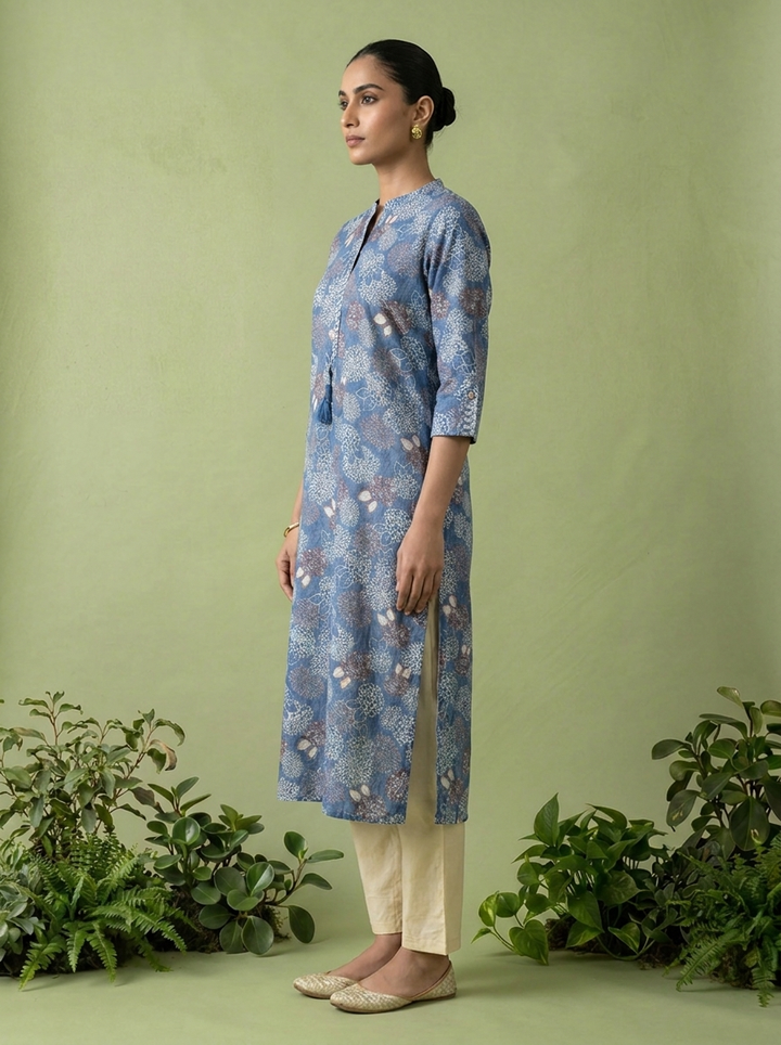 Blue Cotton Patch Embroidered And Printed Kurta