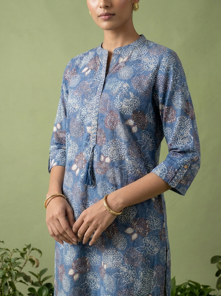 Blue Cotton Patch Embroidered And Printed Kurta