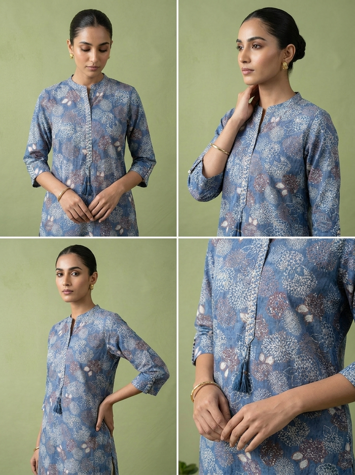 Blue Cotton Patch Embroidered And Printed Kurta