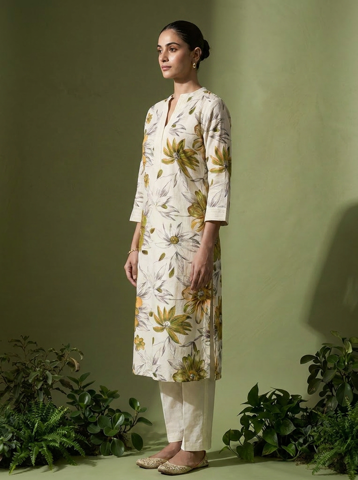Off White Linen Floral Printed Two Piece Set