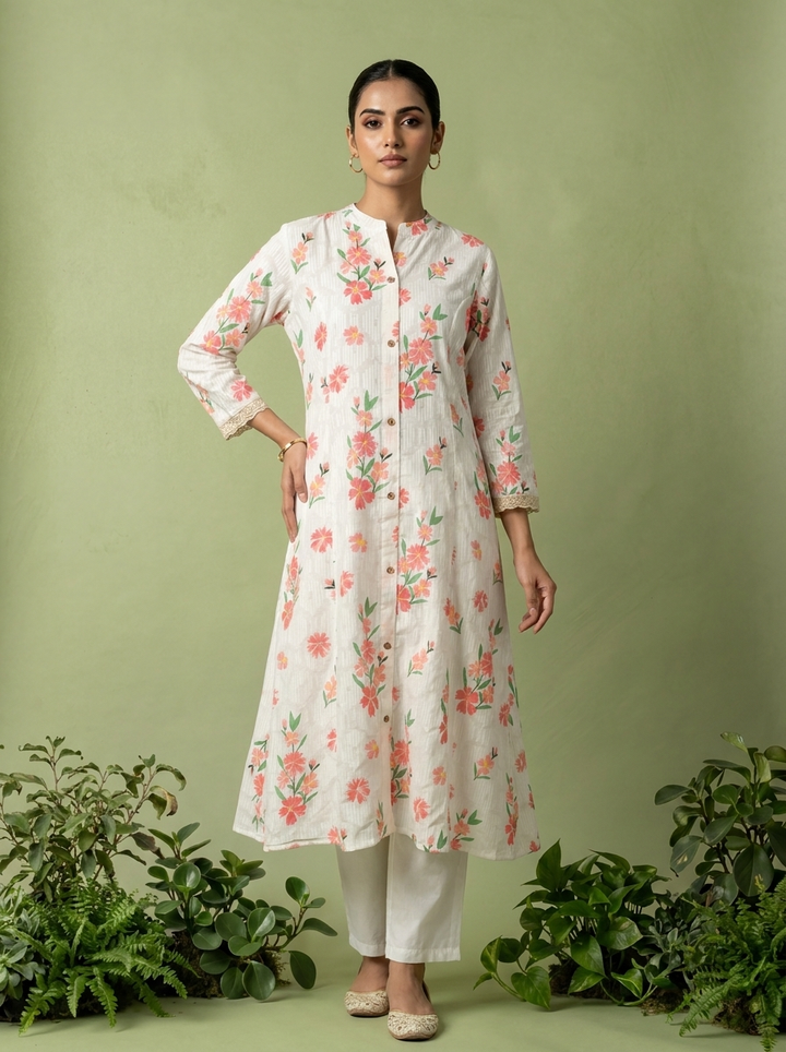 White Cotton Printed Two Piece Set