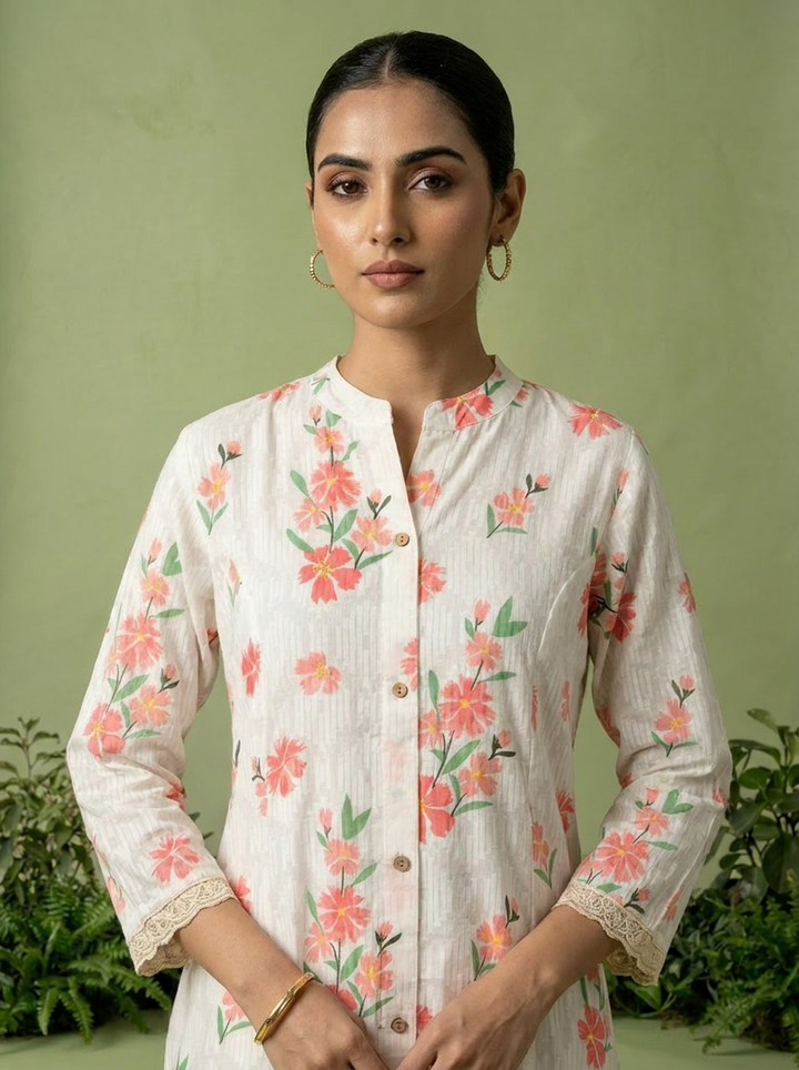 White Cotton Printed Two Piece Set