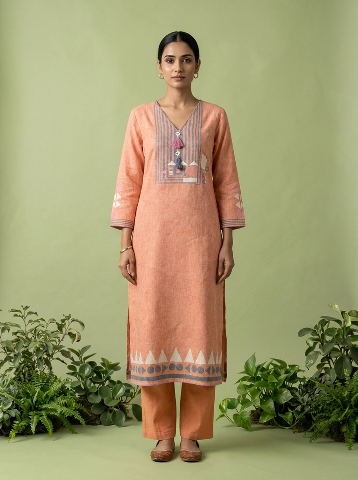 Peach Linen Hand Block Printed Two Piece Set