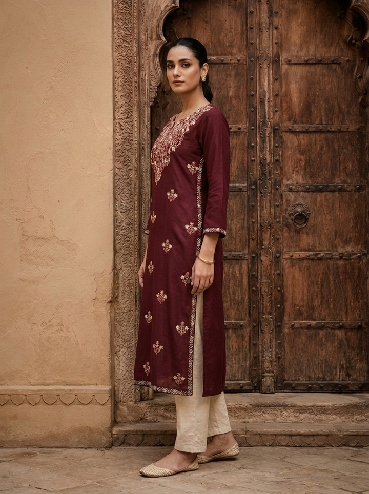 Wine Rayon Heavy Floral Thread Embroidery Kurta