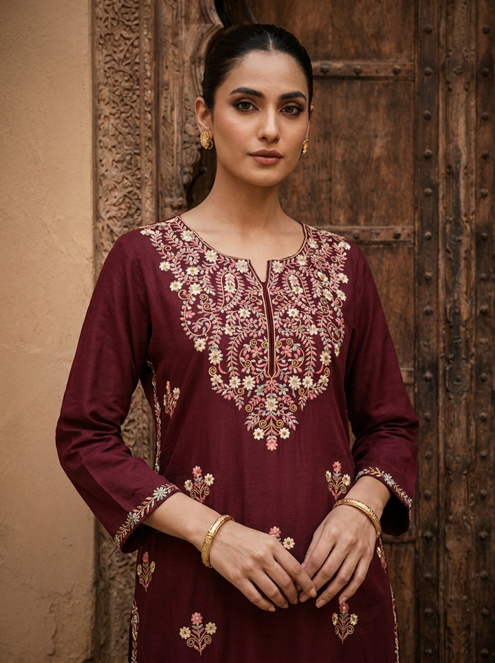 Wine Rayon Heavy Floral Thread Embroidery Kurta