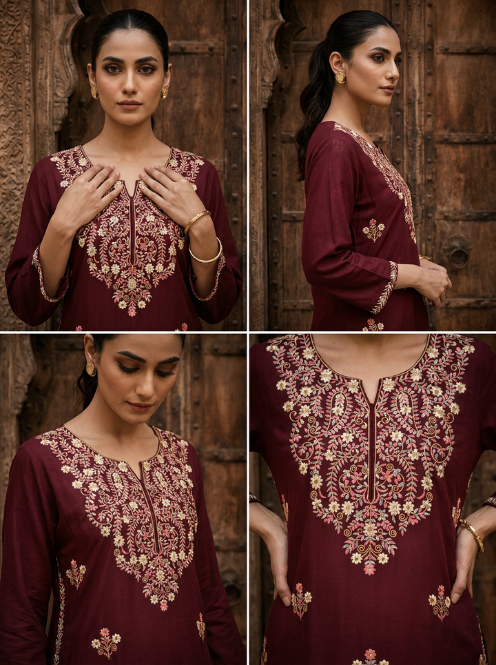 Wine Rayon Heavy Floral Thread Embroidery Kurta
