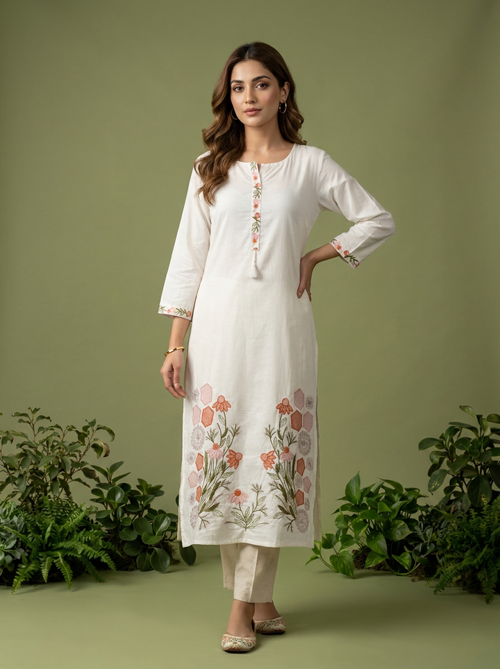 White Cotton Thread And Patch Embroidered Kurta