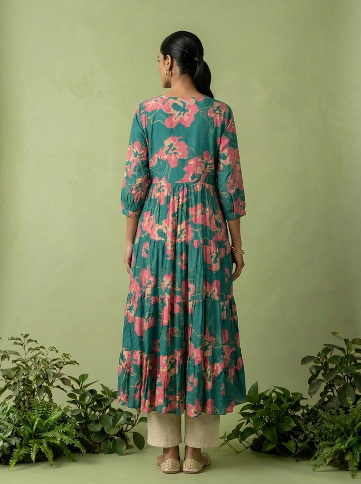Sea Green Muslin Floral Printed Long Dress