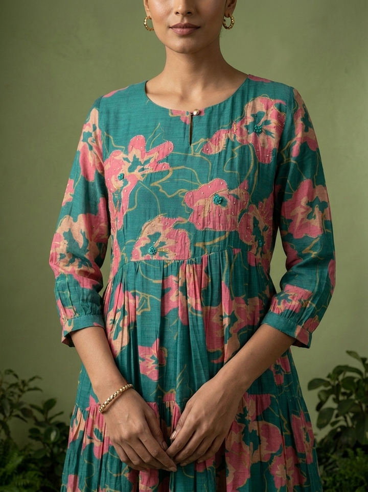 Sea Green Muslin Floral Printed Long Dress