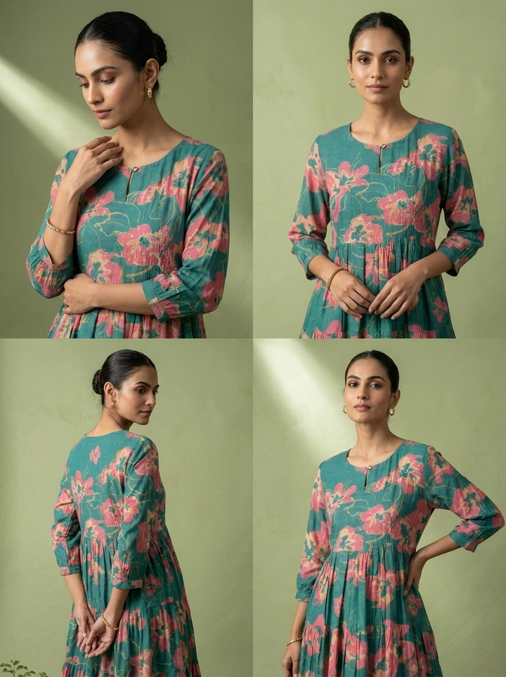 Sea Green Muslin Floral Printed Long Dress