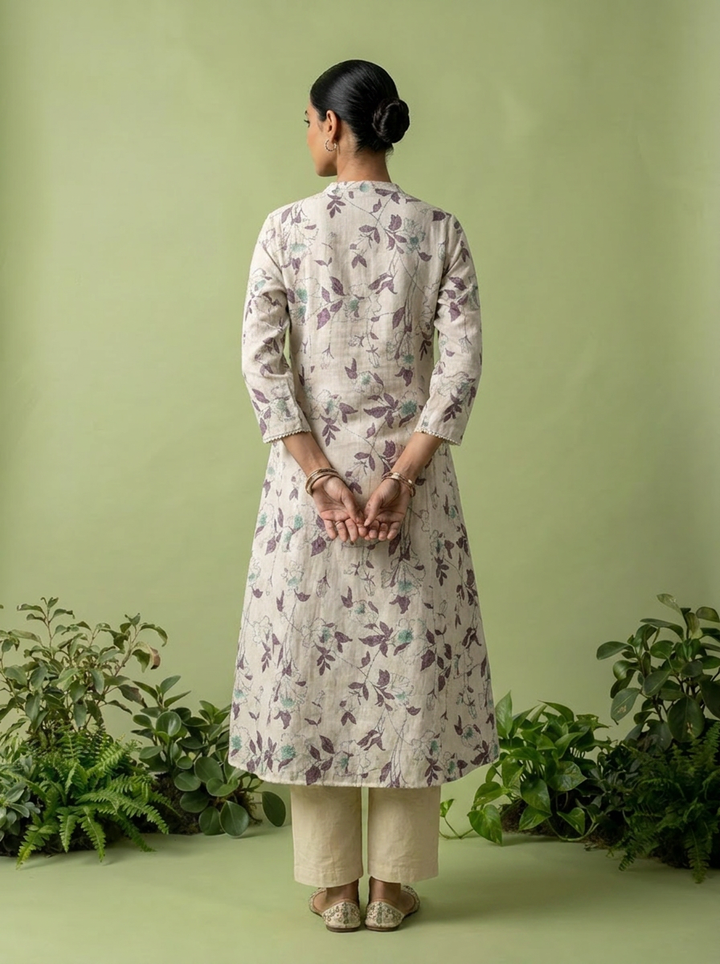 Off White And Purple Linen Printed Two Piece Set