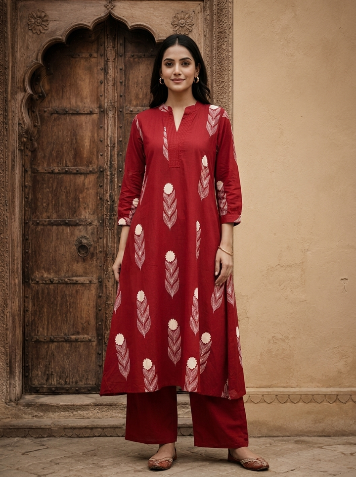 Maroon Cotton Hand Block Printed Two Piece Set