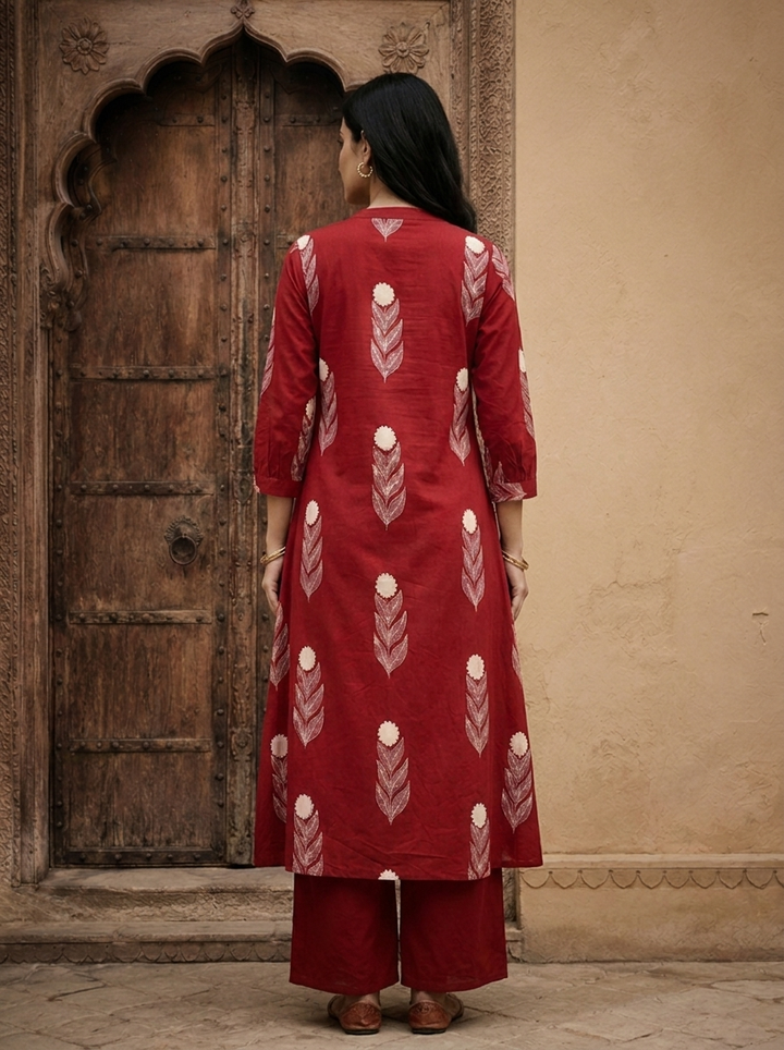 Maroon Cotton Hand Block Printed Two Piece Set