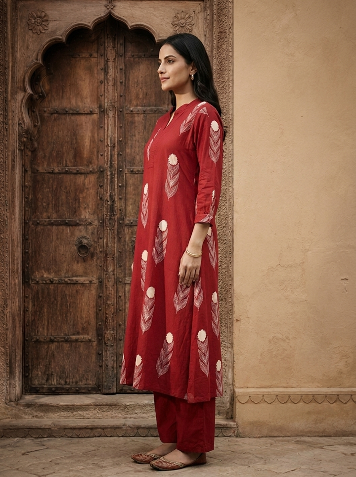 Maroon Cotton Hand Block Printed Two Piece Set