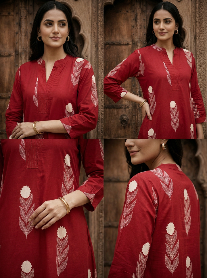 Maroon Cotton Hand Block Printed Two Piece Set