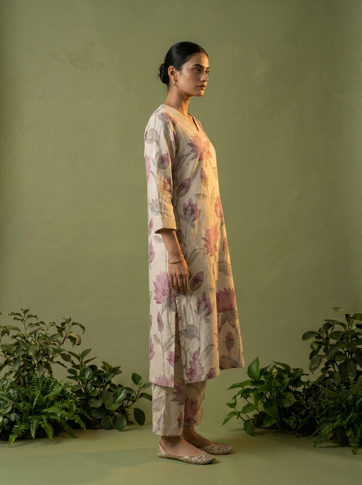 Purple Cotton Floral Printed Two Piece Set