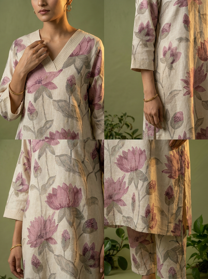 Purple Cotton Floral Printed Two Piece Set
