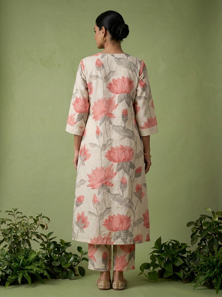 Peach Cotton Floral Printed Two Piece Set