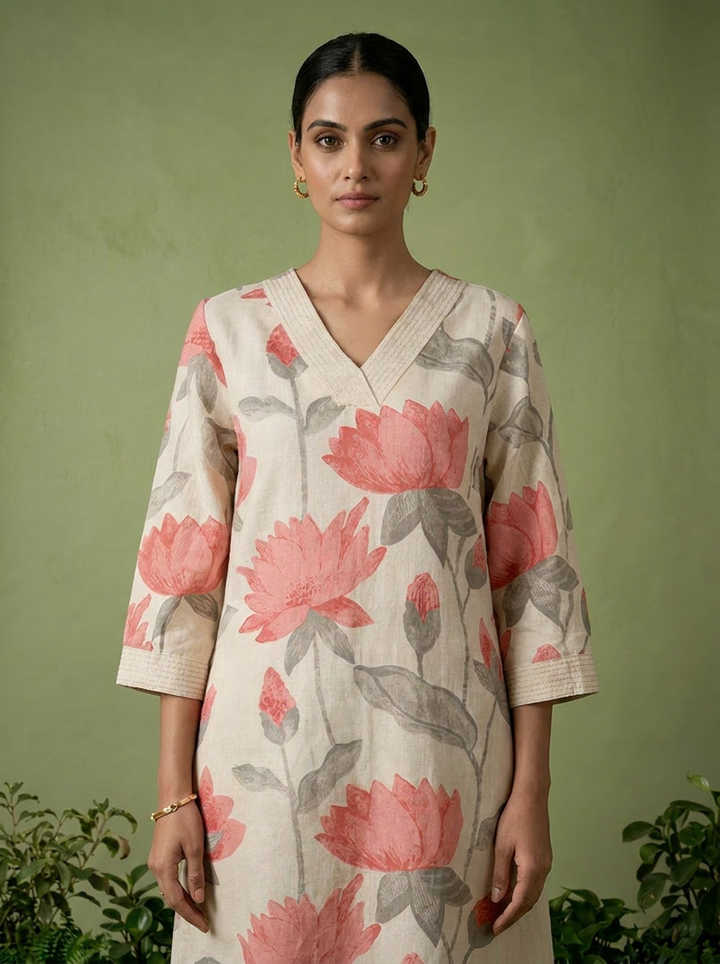Peach Cotton Floral Printed Two Piece Set