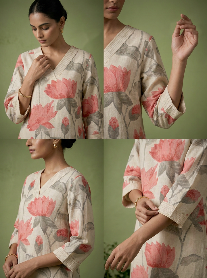 Peach Cotton Floral Printed Two Piece Set