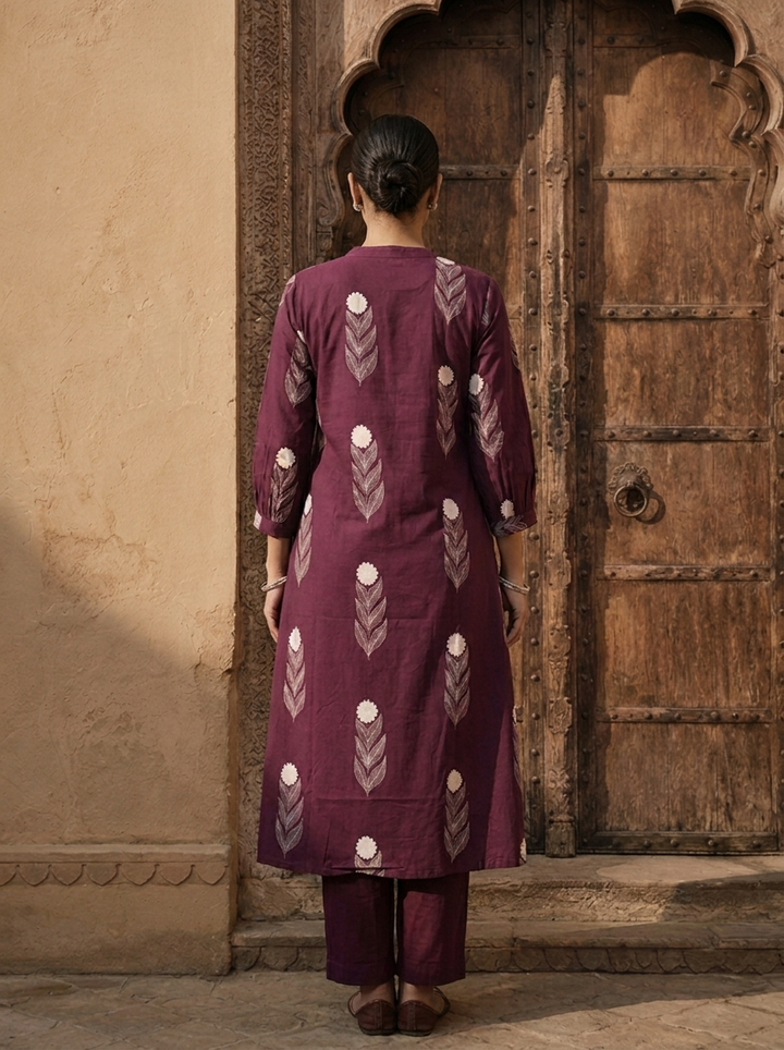 Wine Cotton Printed Two Piece Set