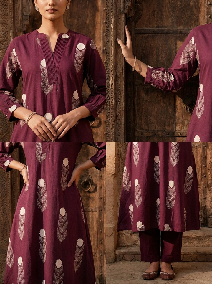 Wine Cotton Printed Two Piece Set