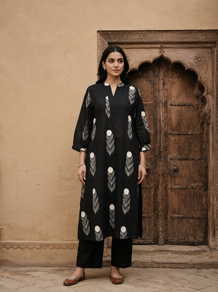 Black Cotton Hand Block Printed Two Piece Set