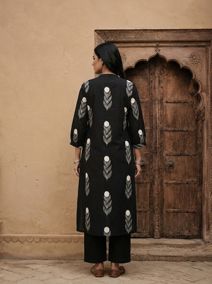Black Cotton Hand Block Printed Two Piece Set