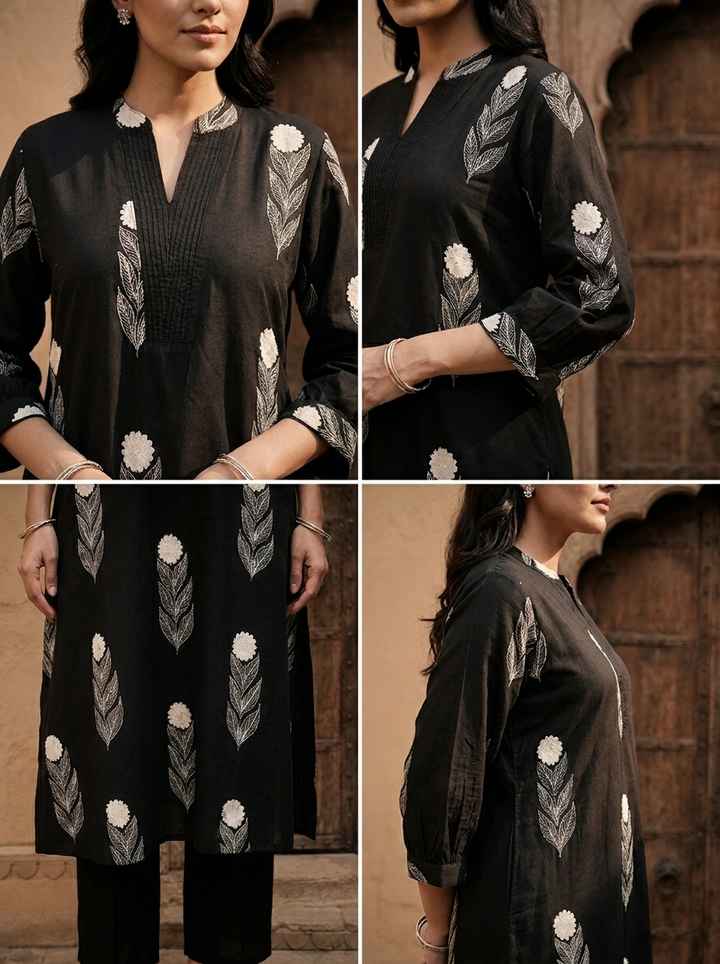 Black Cotton Hand Block Printed Two Piece Set