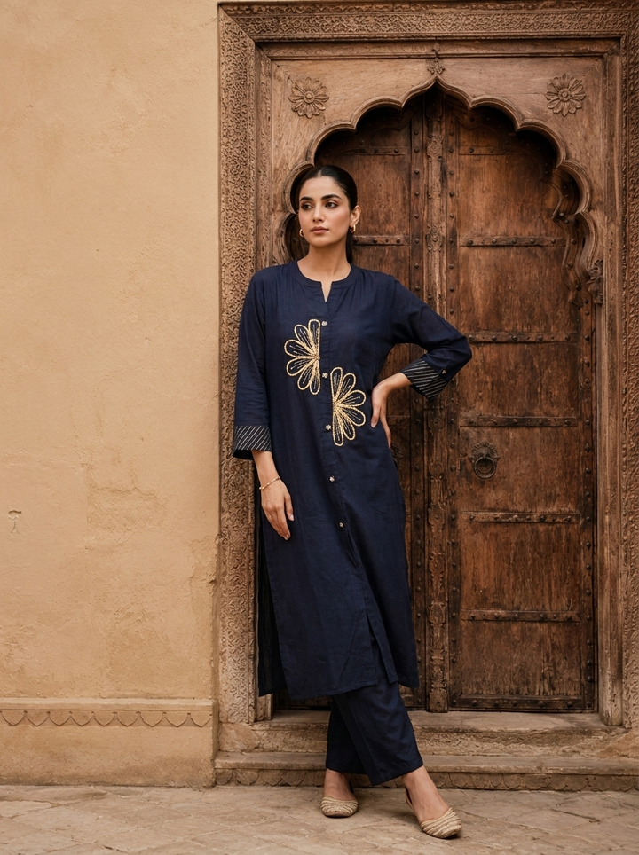 Navy Blue Cotton Floral Thread And Sequins Embroidered Two Piece Set