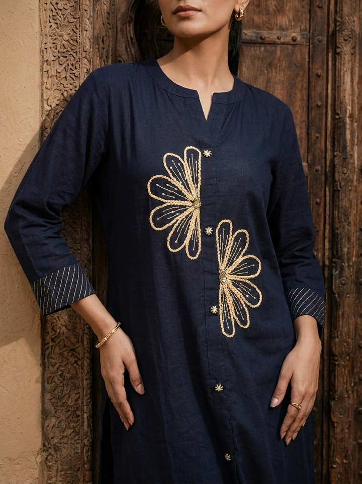 Navy Blue Cotton Floral Thread And Sequins Embroidered Two Piece Set